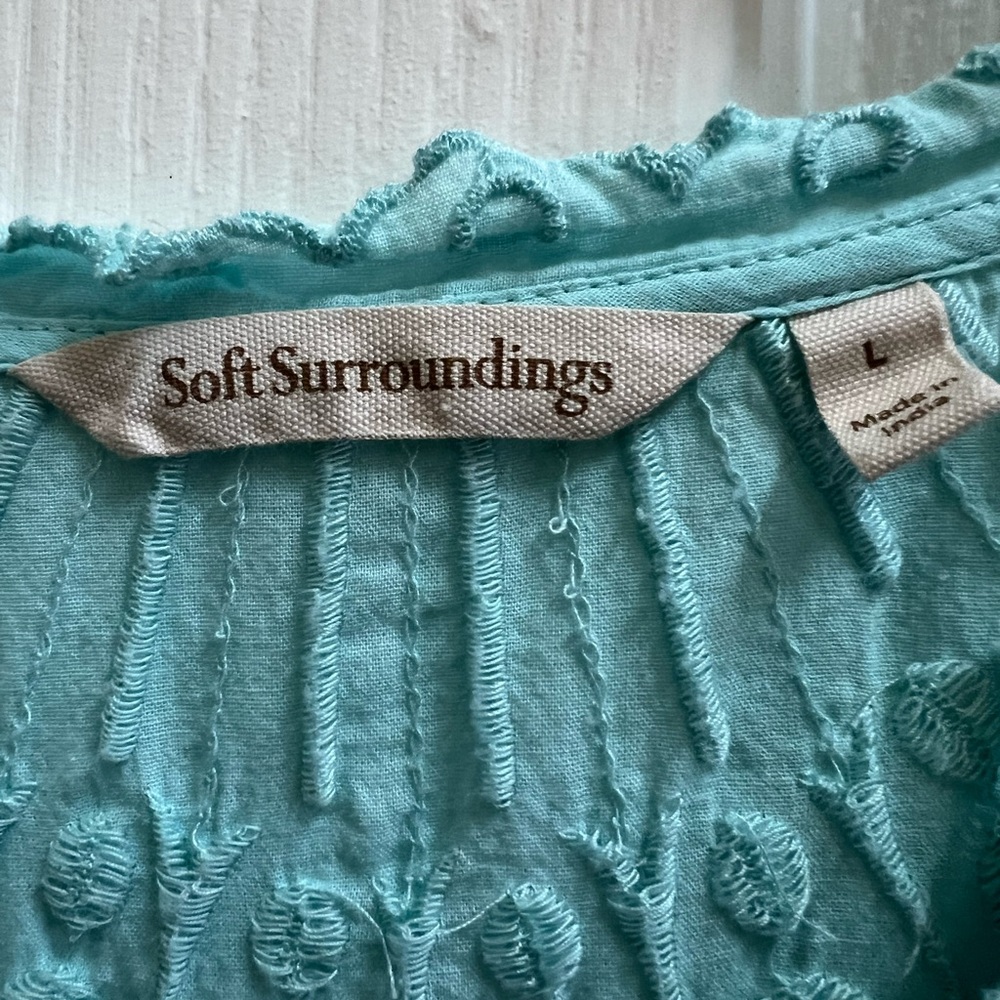 Soft Surroundings Aqua Embroidered Cotton Blouse L Boho Coastal Grandma - Picture 4 of 6